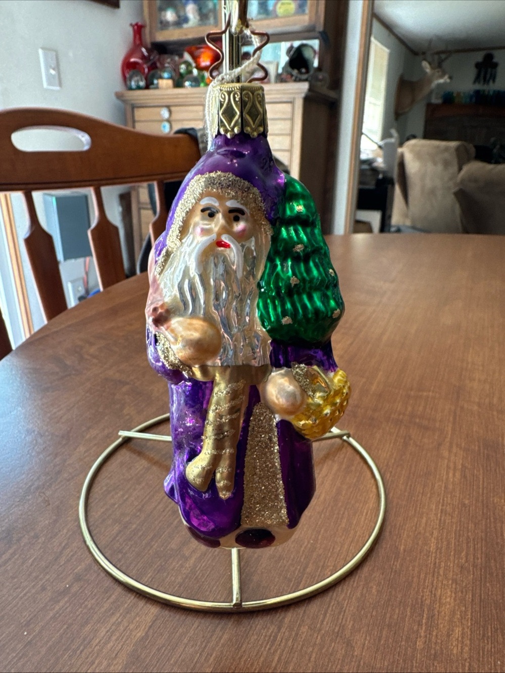 Purple Santa Glass Ornament with Green Tree and Gold Accents - Holiday Decor